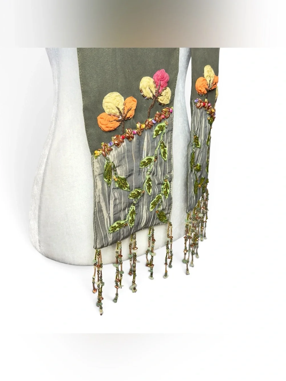 Vintage Mary Frances 100% Silk Beaded Scarf Olive Green Floral Tulip Fringe
